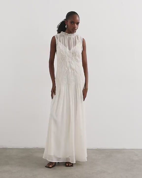 Topshop sheer sleeveless maxi dress with ruched detail in ecru