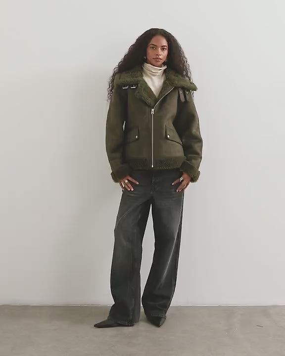 Topshop shearling collar detail jacket in khaki