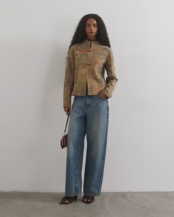 Topshop denim printed jacquard jacket in multi