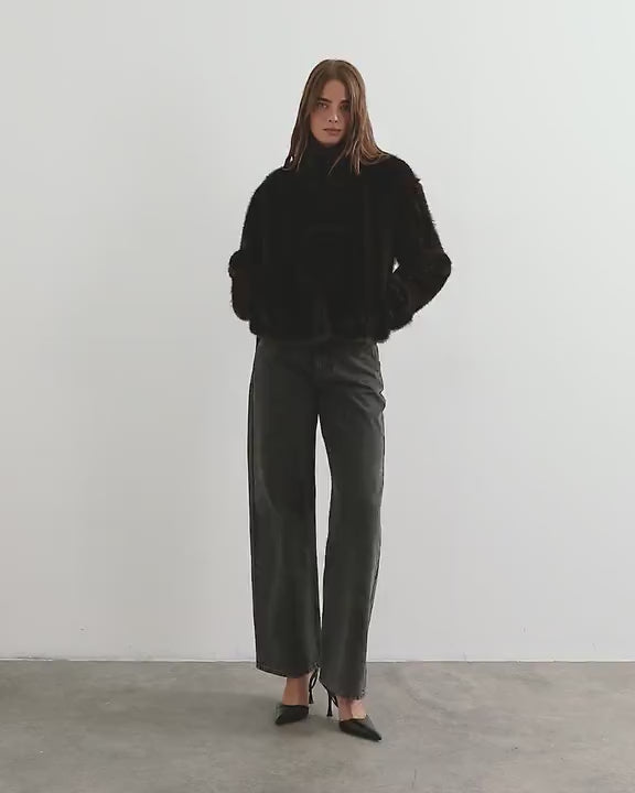 Topshop faux fur cropped jacket with knot fastening in dark brown