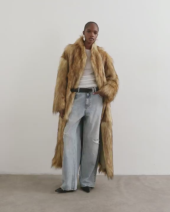 Topshop faux fur long natural coat in brown
