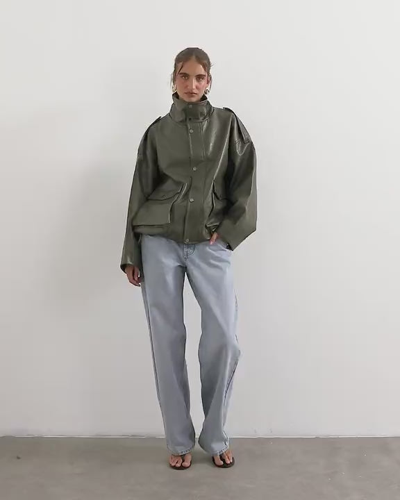 Topshop faux leather funnel neck drawstring bomber in green