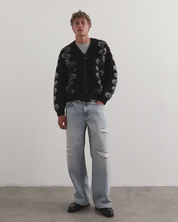 Topman relaxed fit fluffy knit cardigan with floral design in black