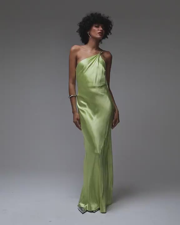 Topshop asymmetric one shoulder open back midi occasion dress in lime satin