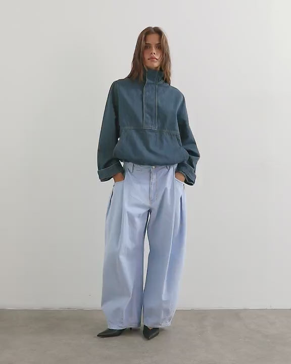 Topshop denim funnel neck bubble hem top in sulphur blue