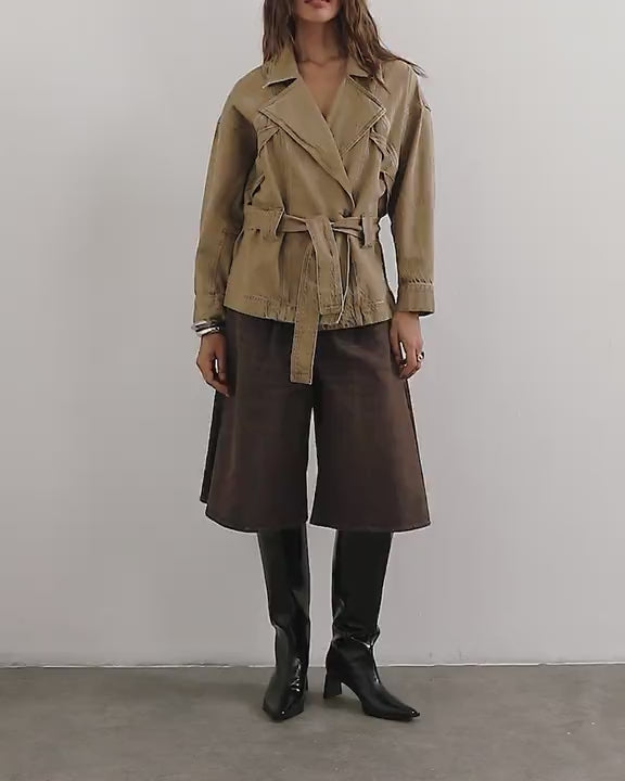 Topshop X Cara denim ultra-wide pleated culotte in taupe