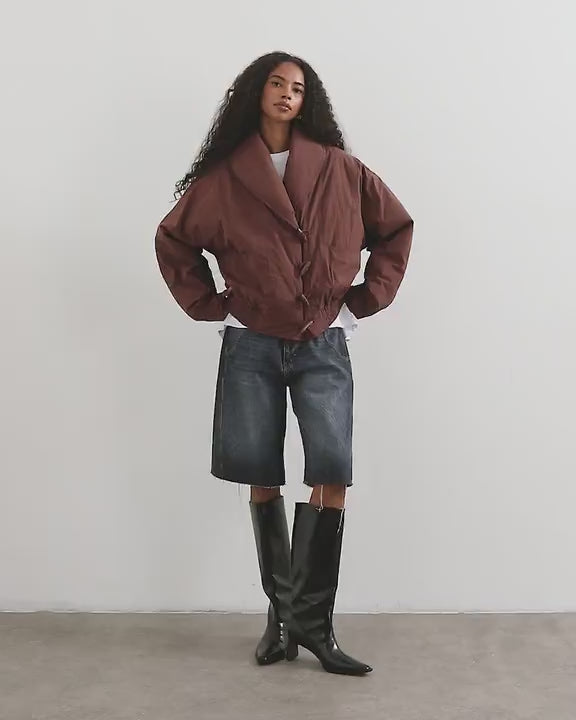 Topshop shawl collar toggle detail hybrid puffer in brown