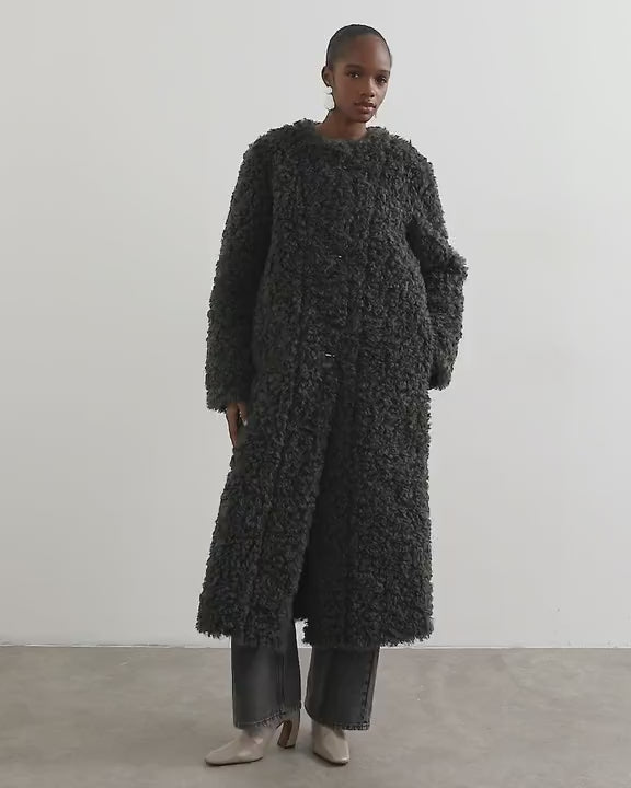 Topshop borg collarless long coat in charcoal