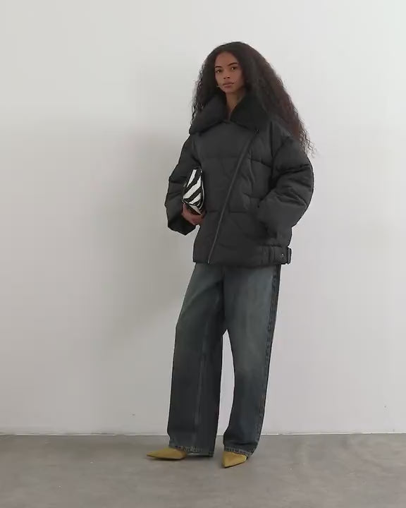 Topshop biker puffer with detachable borg collar in black