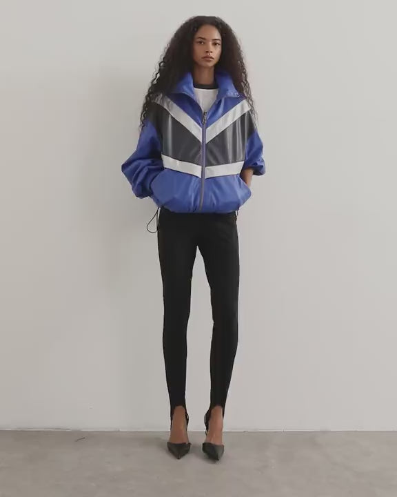 Topshop colour block leather look track jacket in blue