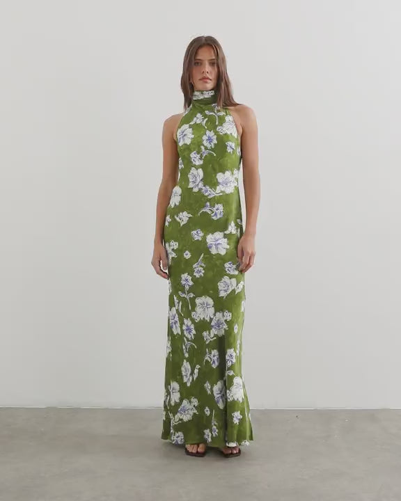 Topshop satin bias collapsed funnel halter neck maxi dress with open back in green floral