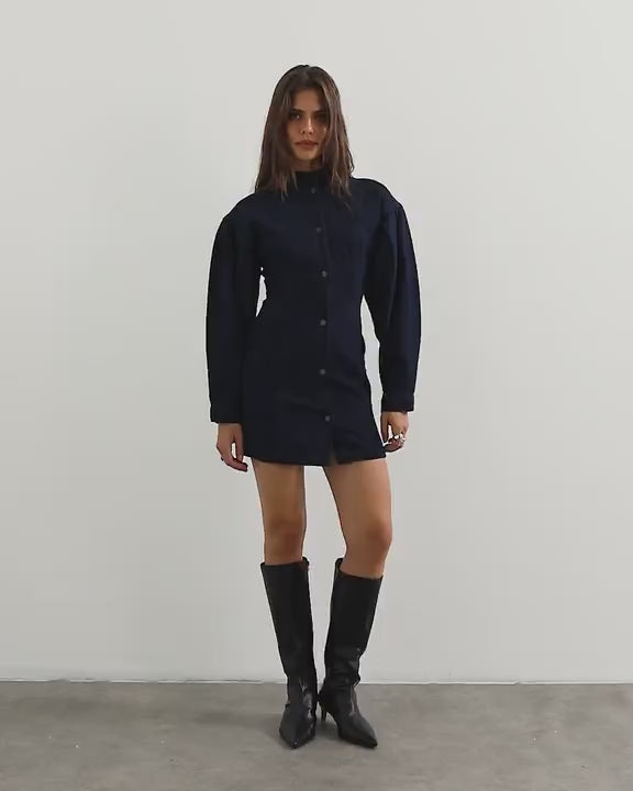 Topshop Balloon sleeve mock neck mini dress in blue denim