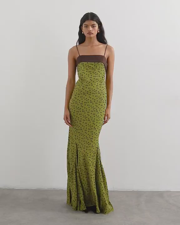 Topshop satin bandeau maxi dress with contrast olive and chocolate spot