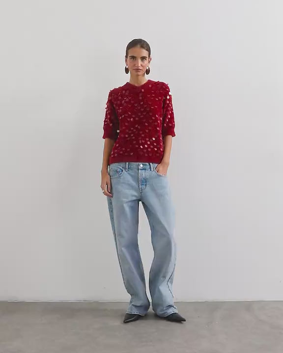 Topshop knitted half sleeve v neck sequin t-shirt in red