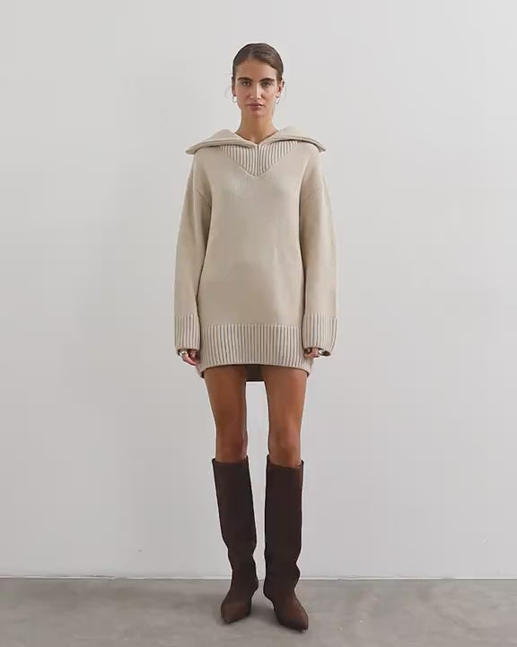 Topshop knitted open collar mini dress with wool in oat