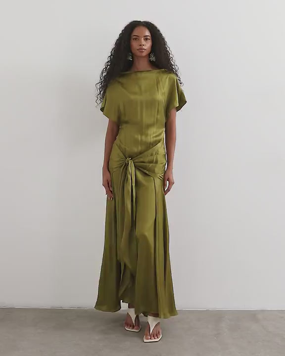 Topshop premium viscose satin dropped tie waist maxi dress in olive